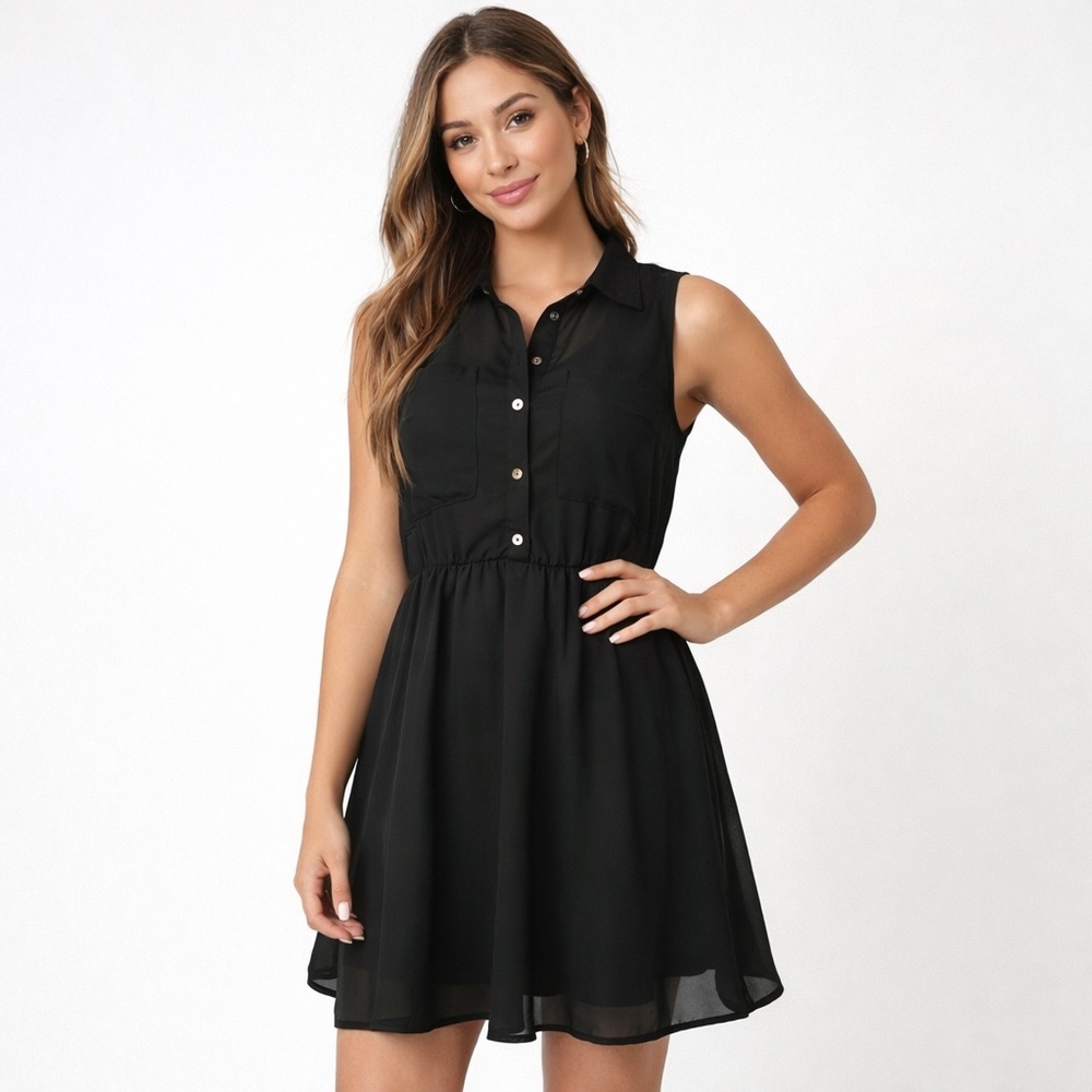 Freebird Black Mini Dress M Sheer Fit & Flare Button Front Sleeveless LBD